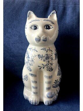 Kitty CAT Vase Chinoiserie Blue & White FLORAL Flower Vase 11.5"  x 5.5" Floral